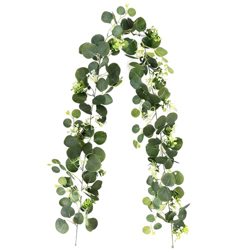 1.8M Eucalyptus Garland Artificial Garlands for Home Decoration Realistic Green Fake Vines Foliage Durable Hanging Ivy Leaf Garlands for Wedding Party Decoration Arch Home Mantle Decor