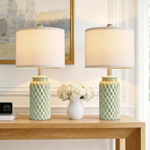 Vortether 20.5 Small Bedside Lamps Set of 2 with 5FT Cord Green Ceramic Modern Farmhouse Table Lamps for Nightstand Living Room Bedroom 3D Honeycomb Stylish End Table Lamps(Bulb Not Included)