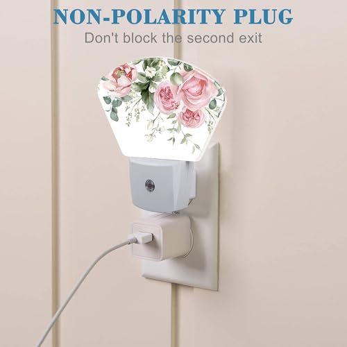 Image of Watercolor Pink Flowers Night Light Plug into Wall, Pink Roses Night Light with Dusk to Dawn Sensor for Kid Girls Boys Women Men Room, Hallway, Kitchen, Bathroom, Stairs Decor