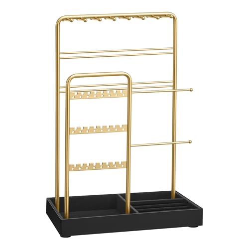 Image of SONGMICS Jewelry Holder, Jewelry Organizer Display Stand with Metal Frame, Velvet Tray, Necklace Earring Bracelet Holder, for Studs, Rings, Gift Idea, Pale Gold and Ink Black UJJS021AB02