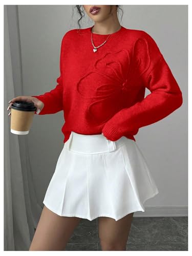 Image of RoseSeek Women's 3D Floral Appliques Crewneck Sweaters Long Sleeve Drop Shoulder Pullovers Elegant Knit Tops