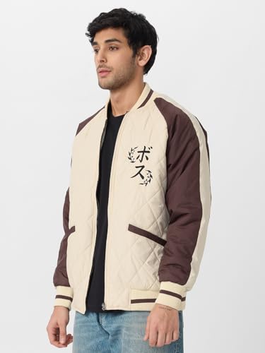 Image of The Souled Store Blaze Of Fury Men and Boys Long Sleeves Band Neck Zipper Front Beige and Brown Printed Polyester Oversized Puffer Jackets