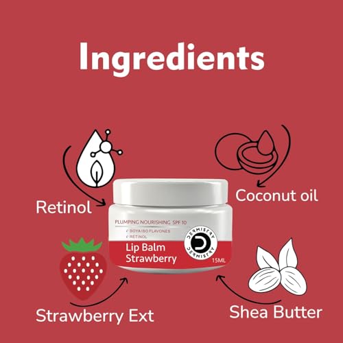 Image of Dermistry Plumping SPF10 Glossy Strawberry Lip Balm for Dry Dark Pigmented Chapped Lips with Shea Butter, Retinol, Coconut Oil Provides Sun Protection, Dark Black Pigmentation Remover Men Women 15ml
