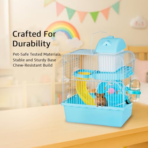 Image of Amazon Basics Hamster, Gerbil, Guinea Pig Cage and Playhouse | Blue | Spacious Plastic Cage for Small Pets | 2 Level | Double Story with Slide, Exercise Wheel and Feeding Bottle | LxWxH-27x 17x 31 Cm