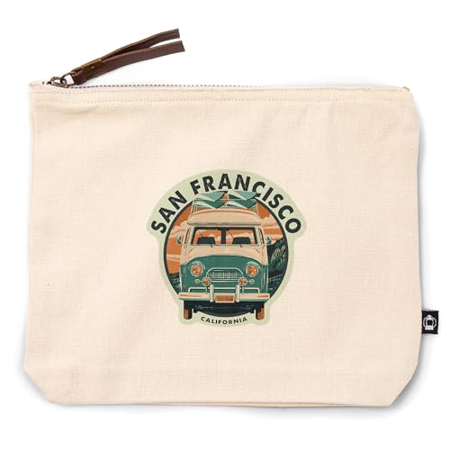San Francisco, California, Letterpress, Camper Van, Beach, 100% Cotton Zipper Pouch, Travel Accessory, Go Bag