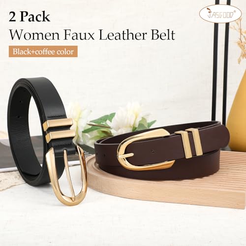 JASGOOD Plus Size Women Leather Belt Black Casual Waist Belt for Jeans Pants with Gold/Silver Buckle 2 Pack3