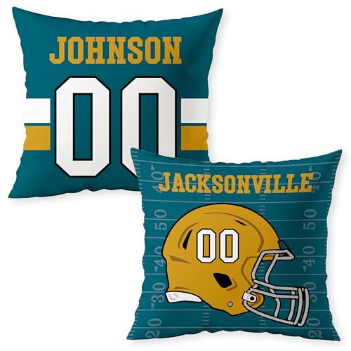 Personalized Football Custom Pillow - USA Made - Sports Decor for Football Fans - American Football Custom Fan Gift with Helmet Number, Name, City, and Team Colors (16
