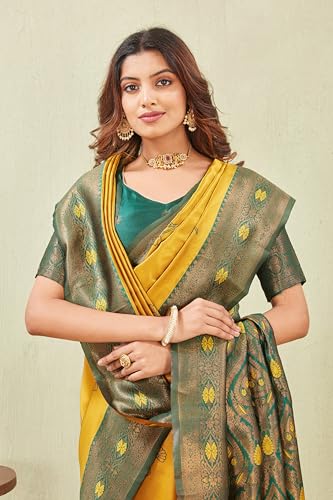Image of Women's Banarasi Silk Saree with Rich Pallu, Jacquard Zari Weaving Work & Unstitched Blouse Piece, Traditional Ethnic for Wedding, Party & Festive Occasion