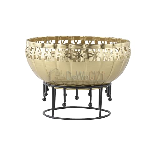 Image of Decorative Urli Bowl for Home Decor with Stand | Floating Flower Bowl with Tealight & Diya | Brass Finish Urli for Diwali, Pooja, Festival Decoration, Centerpiece Bowl