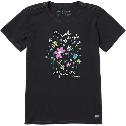 Life Is Good Women's Crusher Tee, Short Sleeve Cotton Graphic T-Shirts, Earth Laughs in Wildflowers, Jet Black, L