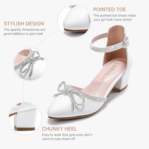 Image of LAURMOSA Girls Sandals Closed Toe High Heels Pointed Toe Ankle Strap Pumps Flower Girl Dressy Shoes in Wedding Party Cute Bowknot Chunky Block Heeled for Little Big Kids