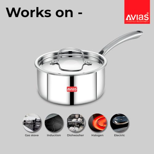 Image of Avias Riara Triply Saucepan with Lid | 5 Years Warranty | 14cm Stainless Steel Sauce Pan, Triply Tea Pan, Steel Casted Handles, 2.5 Mm Thickness, Induction Base Sauce Pan, 1.10 Litre, 14cm