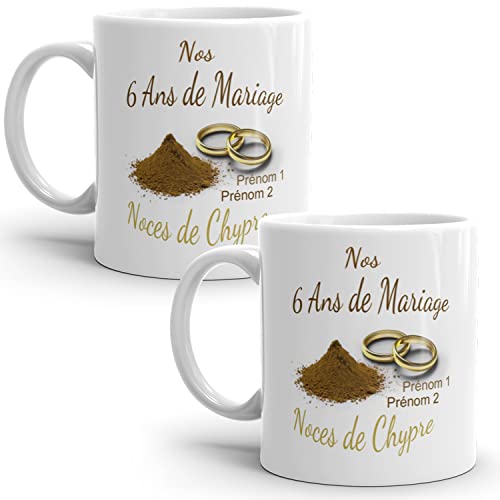 Mug duo 6 ans noces de Chypre personnalisable anniversaire mariage 2 prénoms tasse Idée Cadeau Originale Famille couple mari femme noel fete époux épouse