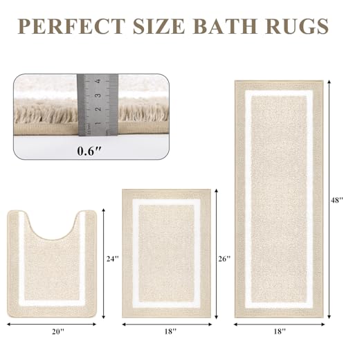 Pauwer Bathroom Rugs Sets 3 Piece Bathroom Shower Rugs with U-Shaped Contour Toilet Mat Absorbent Microfiber Plush Bath Mats Non Slip Bath Rugs Machine Washable Shaggy Bath Floor Mats, Light Beige