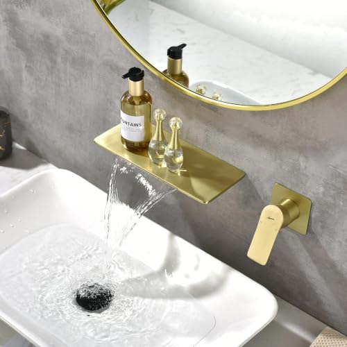 Image of AQUIEEN Plato Wall Mounted Waterfall Basin Mixer Tap | Modern Single Lever Concealed Basin Faucet | Contemporary Bathroom Sink Mixer (Brushed Gold)