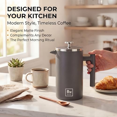 Image of Barista Warrior French Press Coffee Maker - Double-Wall Stainless Steel Insulated French Press with Built-In Thermometer, Dual Filters Coffee Maker with Wooden Spoon - Grey