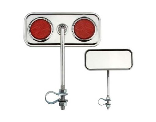 Lowrider Rectangle Mirror Chrome Red Reflectors. Bike Mirror, Bicycle Mirror, Beach Cruiser, Chopper, Limo, Stretch Bike, BMX, Track, Fixie, Mountain Bikes