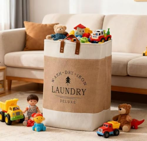 Image of 90L Large Laundry Basket, Collapsible Laundry Bag, Freestanding Tall Clothes Hamper, Foldable Washing Bin (Dark Blue) (White And Beige)