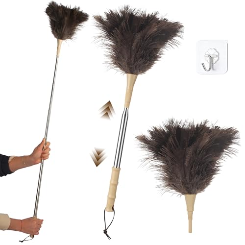 Plumero de Plumas de Avestruz, Plumero Telescopico Extensible hasta 186 cm,Lavable, Antiestático, no Raya, con Mango de, para Techos, Ventiladores de Techo, Muebles, Coches y Superficies
