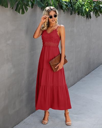 Image of Dokuritu Women's Beach Crochet Lace Maxi Dress Solid Color Summer Vacation Wedding Guest Spaghetti Strap Long Dress