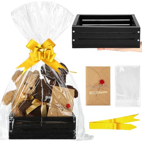 Image of Wonderjune Wooden Baskets for Back to School Gifts Empty Wood Basket with Cellophane Bag Ribbon Greeting Card for Birthday Baby Shower Wedding Housewarming Gifts Packaging(Black,Small)