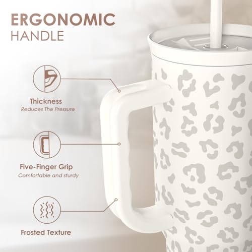 Image of SANDJEST Leopard Tumbler with Handle, Insulated Cup Stainless Steel Travel Mug Cup, Gifts for Women Girl on Birthday Christmas, Cream Leopard, 40oz