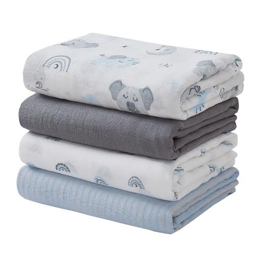 Image of Viviland Muslin Swaddle Blankets, Swaddle Wrap for Boys and Girls, Breathable and Skin-Friendly Baby Receiving Blankets, Baby Essentials, 4-Pack Blue Elephant, 47 x 47 inches