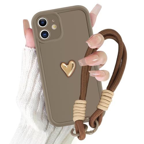 Kueqeay Cover con Cordino per iPhone 12 6,1'', Silicone Morbido Custodia Aesthetic Modello Amore 3D Disegni, Collana Universale Regolabile, Protezione Fotocamera Antiurto Protettiva Case, marrone