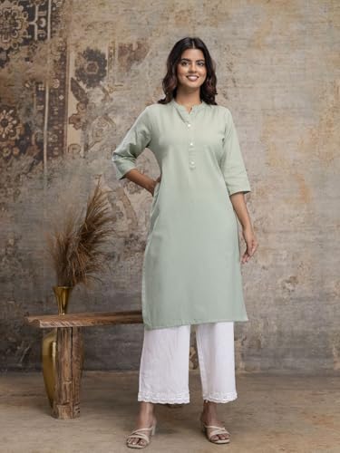 Image of feranoid Women's Plain Cotton Kurta with Mandarin Collar, 3 /4 Sleeves & Pocket