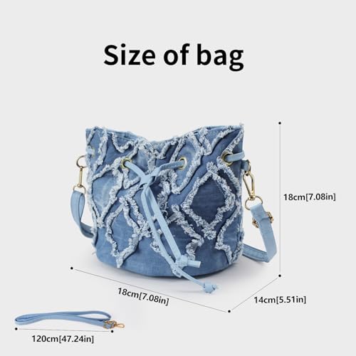 Women Denim Bucket Bag, Jean Small Crossbody Bags for Women, Fashion Rhombus Shoulder Bag with Drawstring2