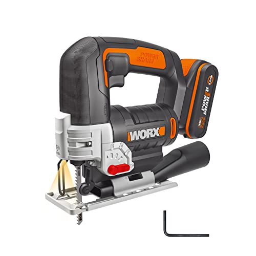 WORX Sierra de calar 20V | PowerShare | WX543-1 batería 2Ah | péndulo de 4 posiciones, cambio rápido de hoja, profundidad de corte de 24 mm, luz LED