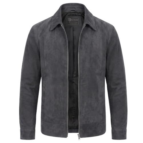 Image of Mens Polo Collar Zipper Suede Shirts Long Sleeve Shacket Suede Trucker Jacket Real Suede Leather Shirt