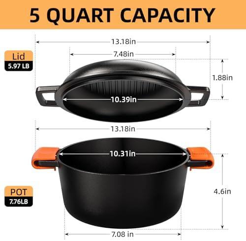 Cast Iron Dutch Oven Pot with Skillet Lid – Pre-Seasoned – Skillet Lid Cooking Pan– PFAS-Free –Umite Chef Cast Iron Skillet Cookware for Bread, Frying, Baking – Dual Handles – Oven, Grill, Campfire & Stovetop Safe – Durable & Non-Toxic, 5QT - Thumbnail 5