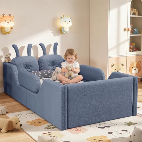 Image of Twin Size Kids Floor Bed Frame, Upholstered Montessori Platform Bed W /Removable Rails Cute Daybed Frame for Girls Boys, No Box Spring Required,Grey