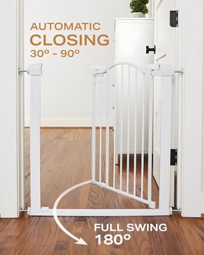 Image of Cumbor 29.7-46" Arched Decor Baby Gate for Stairs No Drill, Mom's Choice Awards Winner-Auto Closed Dog Gate Indoor for The House, Pressure Mounted Pet Gate for Doorways, Easy Install Child Gate,White