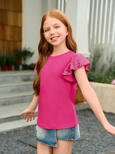 Image of Haloumoning Girls Ruffle Short Sleeve T Shirts Sequin Casual Cute Crewneck Tops