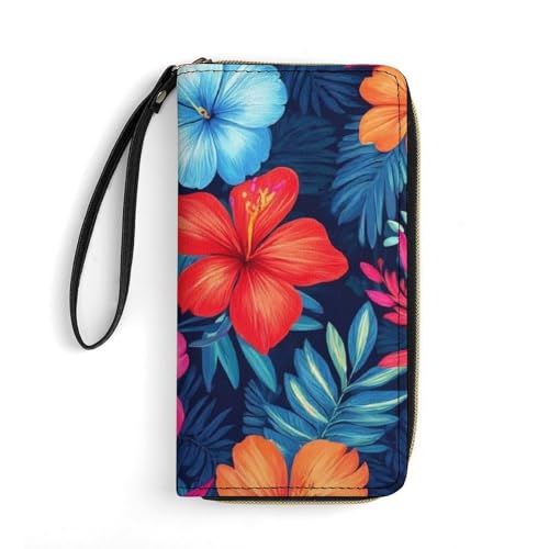 Travel Purse Fashion Design, Huge Storage Capacity Wallet With Rope, Cute Decor Purse, Long PU Zipper Wallet Hawaiian Colorful Hibiscus Flowers Tropical Palm Tree Leaves