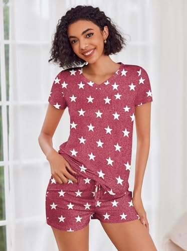 Image of Ekouaer Womens Pajama Sets Short Sleeve Pajamas for Women Sets Soft Lounge Sets Casual V Neck Sleepwear PJS