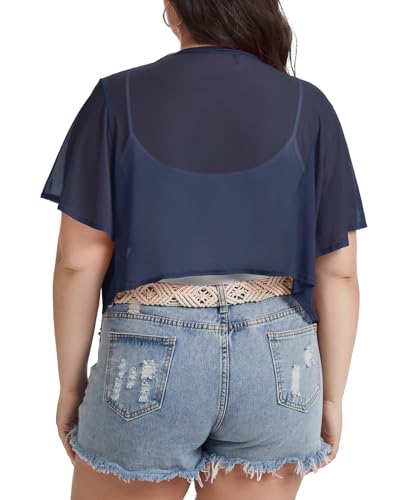 Image of Women Crop Cardigan Sheer Mesh Bolero Shrugs for Dresses Plus Size Tie Front Cardigans Ruffled Short Sleeve Tops