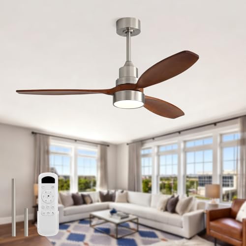 Image of Sofucor 52 inch Solid Wood Ceiling Fan with Light, Quiet 6-Speed 3 Blades Reversible LED Ceiling Fan, Modern Rustic Fan with Dimmable Light for Living Room Bedroom Home Office Cafe Patio Porch