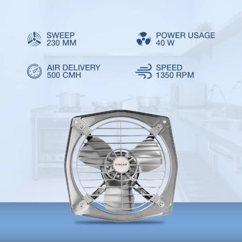 Image of SINGER Maxovent 230 mm Exhaust Fan | 100% Copper Motor | 40W Energy Efficient | 1350 RPM High Suction, Low Noise | 500 CMH Air Delivery | Powder-Coated Rust-Free Body | 2-Year Warranty