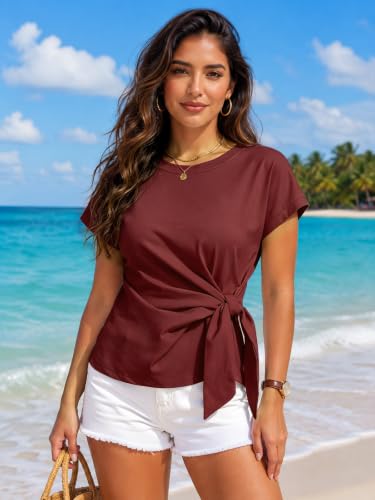 Image of HOTIAN Womens Cap Sleeve T Shirts 2026 Tie Waist Wrap Tops Crew Neck Blouses Dressy Casual Loose Work Business Dressy