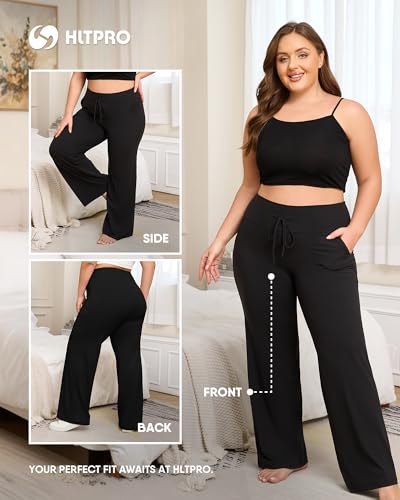 HLTPRO 3 Pack Pajama Pants Women Plus Size Wide Leg Pants Woman with Pockets Casual Lounge Palazzo Black Pant for Yoga3