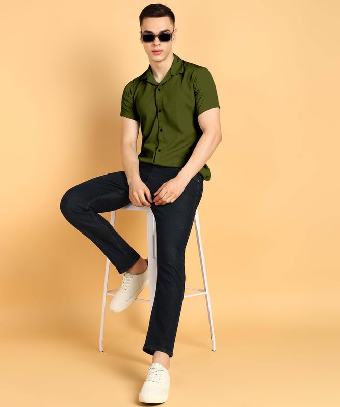 Image of COMBRAIDED Men's Solid Cotton Blend Half Sleeve Shirt - Regular Fit Casual Button-Down Shirt for Office & Travel - Summer & Spring
