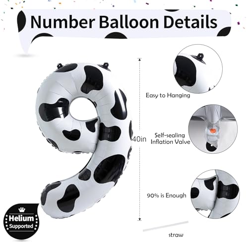 Image of 40 Inch Number 9 Balloons for Boys, Cow Print Giant 9th Birthday Party Number Balloons Decor, Self Inflating Foil 9 Balloons for Girls Farm Animal Theme Cowboy Cowgirl Theme Party Decorations Supplies