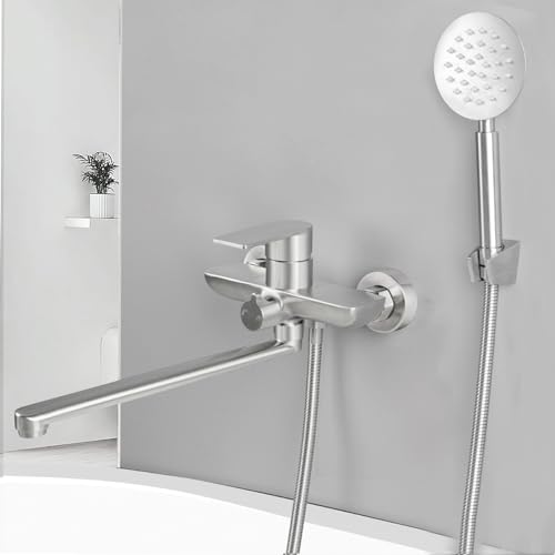 SHANFO Badewannenarmatur mit Handbrause, Wannenarmatur Langer Auslauf 30CM, Badewannen Armaturen Set,Gebürstet, 8Y2OK