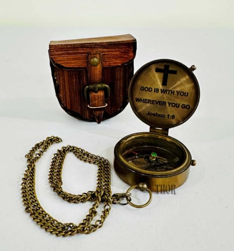 Brújula de bolsillo estilo astrolabio marina de latón antiguo hecha a mano con estuche de cuero miniatura 2