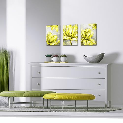 Lienzo tríptico de flores modernas gris y amarillo para decoración 4