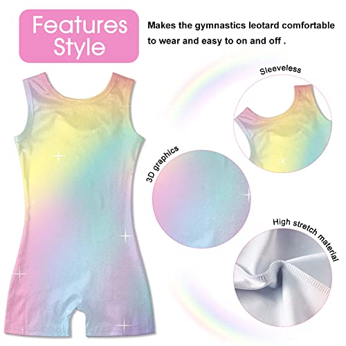 uideazone Girls Gymnastics Leotards 5t 6t One Piece Stretchy Dance Bodysuit Rainbow Printing Quick Dry Athletic Unitard Biketards