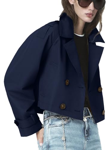 Image of ELLEVEN Cropped Trench Coat for Women Lightweight Short Jackets Long Sleeve Notched Lapel Work Casual Loose Fit Fall Coats Old Money Clothes Navy Blue Medium